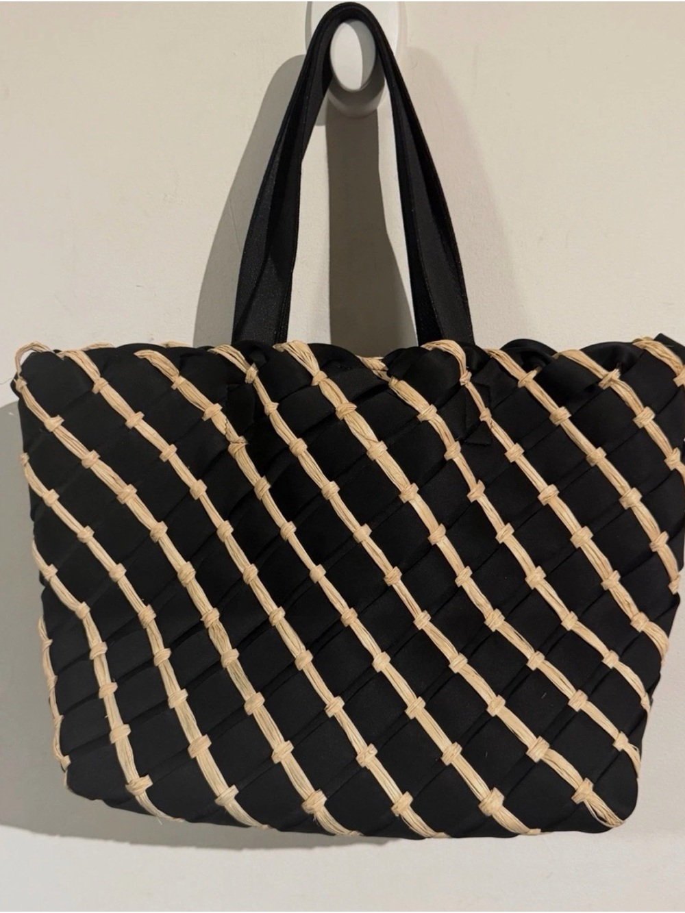 Naghedi Black Tote with Natural Weave Overlay